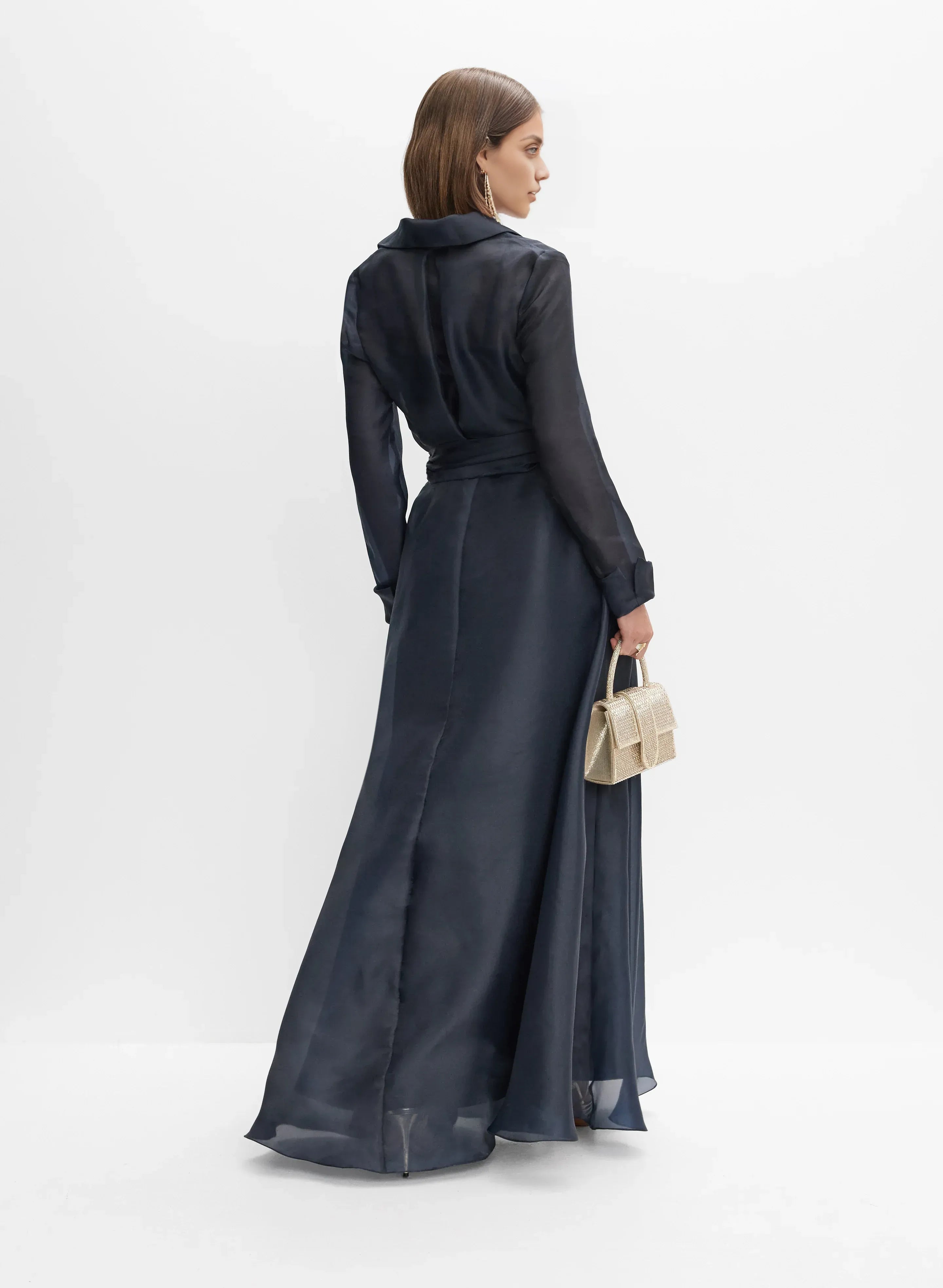Modern A-Line Shirt Collar Long Sleeve Full Coverage Back Floor-Length Prom Dress